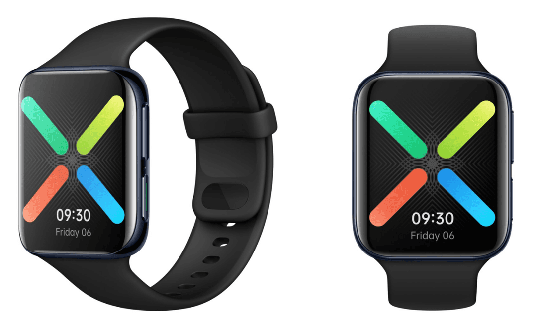 OPPO Watch aux deux tailles disponibles, 46 mm et 41 mm, affichant l'heure 09:30 sur leur cadran noir avec motif coloré