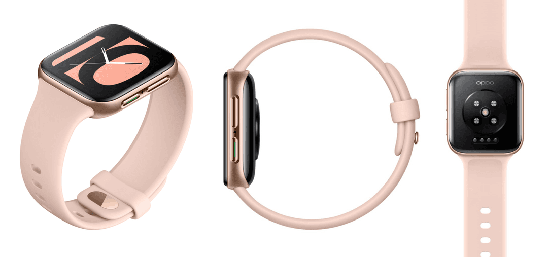 OPPO Watch 41 mm en aluminium et Pink Gold, présentée sous différents angles avec cadran noir et bracelet rose pâle