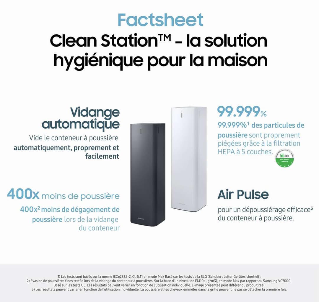 Samsung Clean Station noire et blanche avec caractéristiques : vidange automatique, 400 fois moins de poussière, filtration HEPA 99,999% et système Air Pulse
