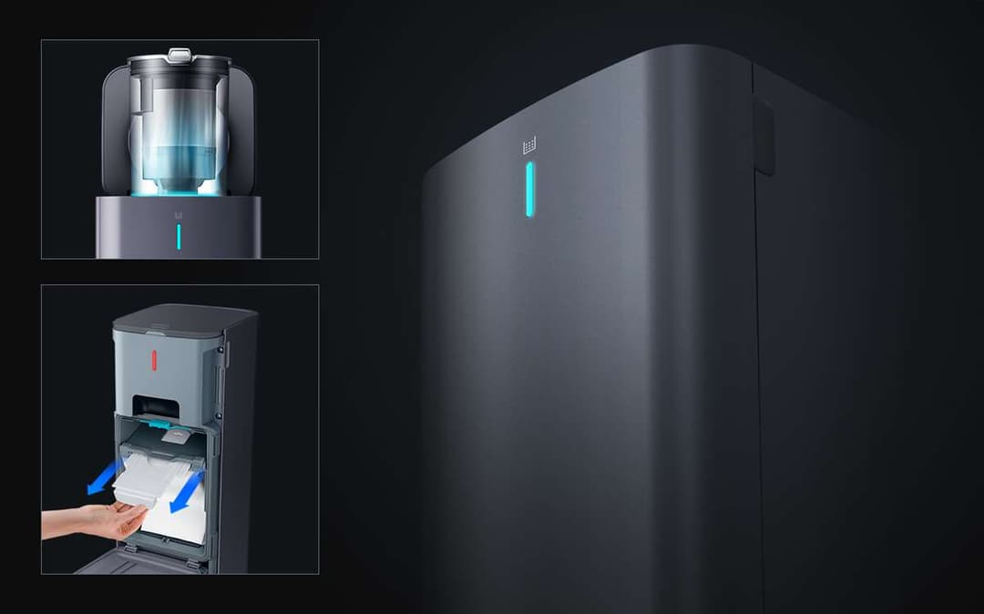 Samsung Clean Station, station de vidage grise et noire avec indicateur cyan, montrant le réservoir transparent et le tiroir d'éjection des poussières