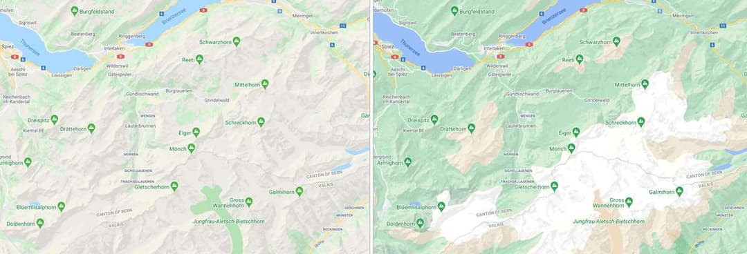 Comparaison de la région Jungfrau-Aletsch sur Google Maps : à gauche version ancienne avec détails peu visibles, à droite version améliorée montrant le glacier d'Aletsch, ses champs de neige et rochers en détail