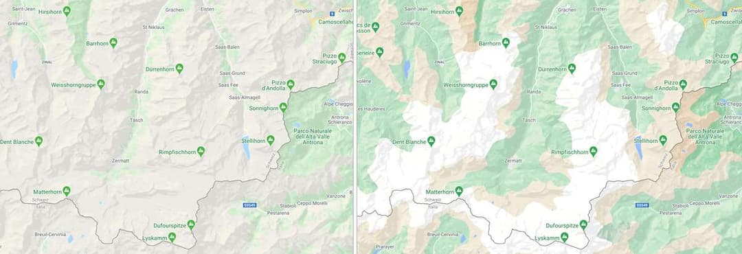 Région de Zermatt dans Google Maps avec relief montagneux détaillé, crêtes du Cervin et surfaces enneigées en blanc