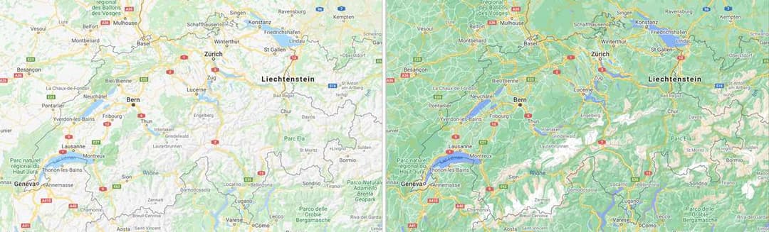 Carte Google Maps de Suisse montrant les Alpes avec relief montagneux détaillé et codes couleur améliorés