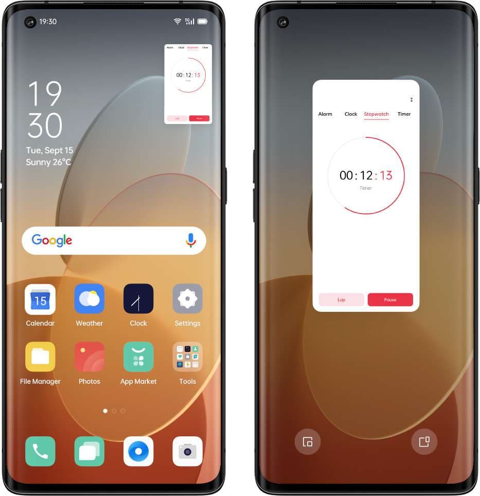 Deux smartphones OPPO affichant l'interface ColorOS 11 avec dégradé gris-beige-brun, l'un montrant l'écran d'accueil et l'autre une application chronomètre