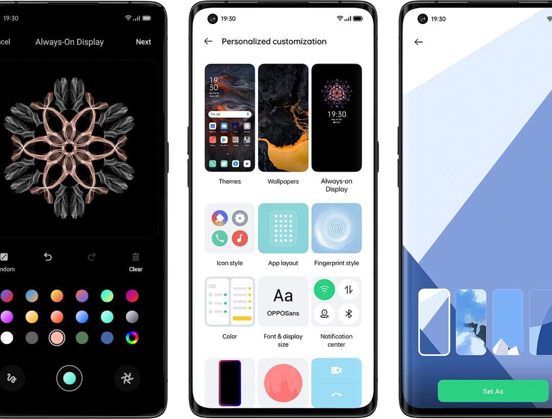 Trois écrans OPPO ColorOS 11 montrant des options de personnalisation : thèmes, fonds d'écran, styles d'icônes, polices et affichage toujours actif