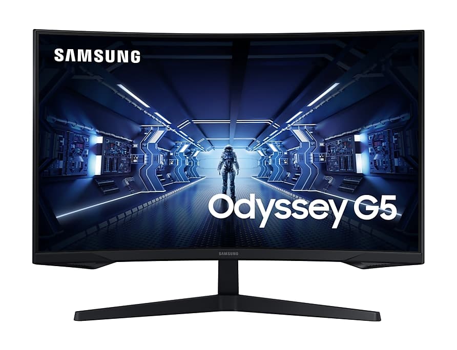 Moniteur Samsung Odyssey G5 incurvé affichant une scène futuriste avec un astronaute au centre d'un couloir aux lumières bleues
