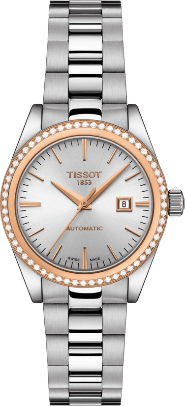 Montre Tissot T-My Lady avec boîtier et bracelet acier, cadran blanc, lunette sertie de diamants et détails en or rose