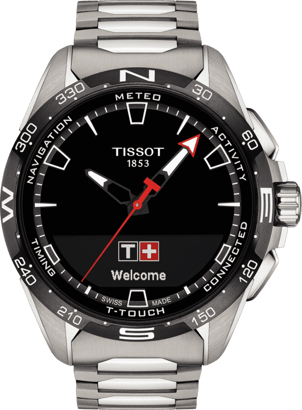 Montre Tissot T-Touch Connect Solar avec cadran noir, boîtier et bracelet acier gris, aiguilles rouges et blanches, affichage Welcome
