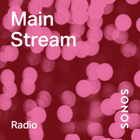 Interface de Sonos Radio HD avec texte Main Stream, Radio et logo Sonos sur fond rouge bordeaux avec bokeh rose