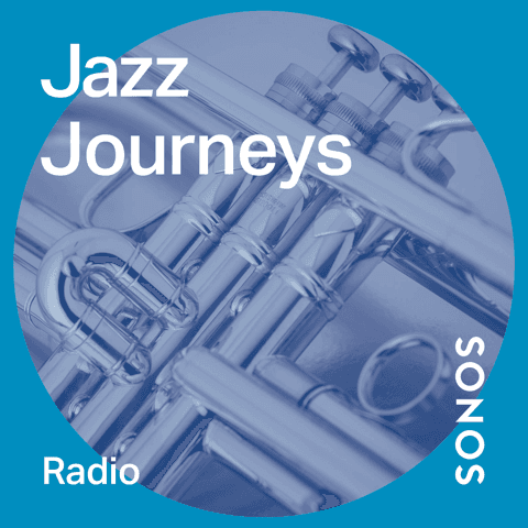 Logo de Sonos Radio affichant « Jazz Journeys » avec des instruments de musique en arrière-plan bleu