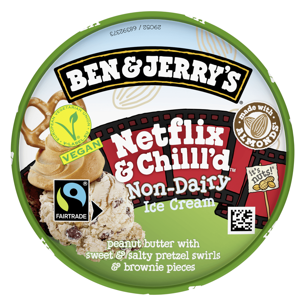 Pot de glace Ben & Jerry's Netflix & Chilll'd Non-Dairy au beurre de cacahuète, bretzels et brownies, avec label vegan