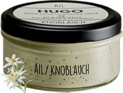 Pot de sauce à l'ail et edelweiss HUGO de Reitzel, fleur blanche emblématique des montagnes suisses