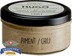 Pot de sauce Piment et Absinthe Kübler de la marque HUGO, à base d'absinthe, avec étiquette crème et noire