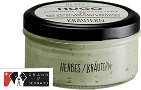 Pot de sauce HUGO saveur Herbes de Reitzel, base crémeuse verte avec étiquette noire