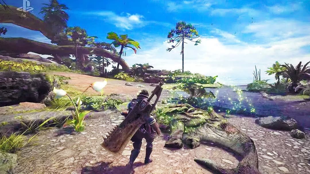Chasseur armé d'une épée dans un monde tropical luxuriant, face à un paysage de Monster Hunter World avec végétation dense et ciel bleu