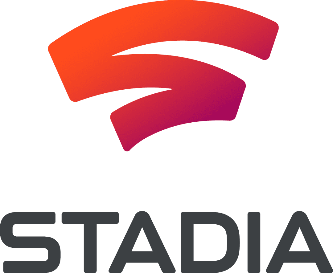 Logo de Google Stadia avec symbole ondulé orange et rouge dégradé au-dessus du texte