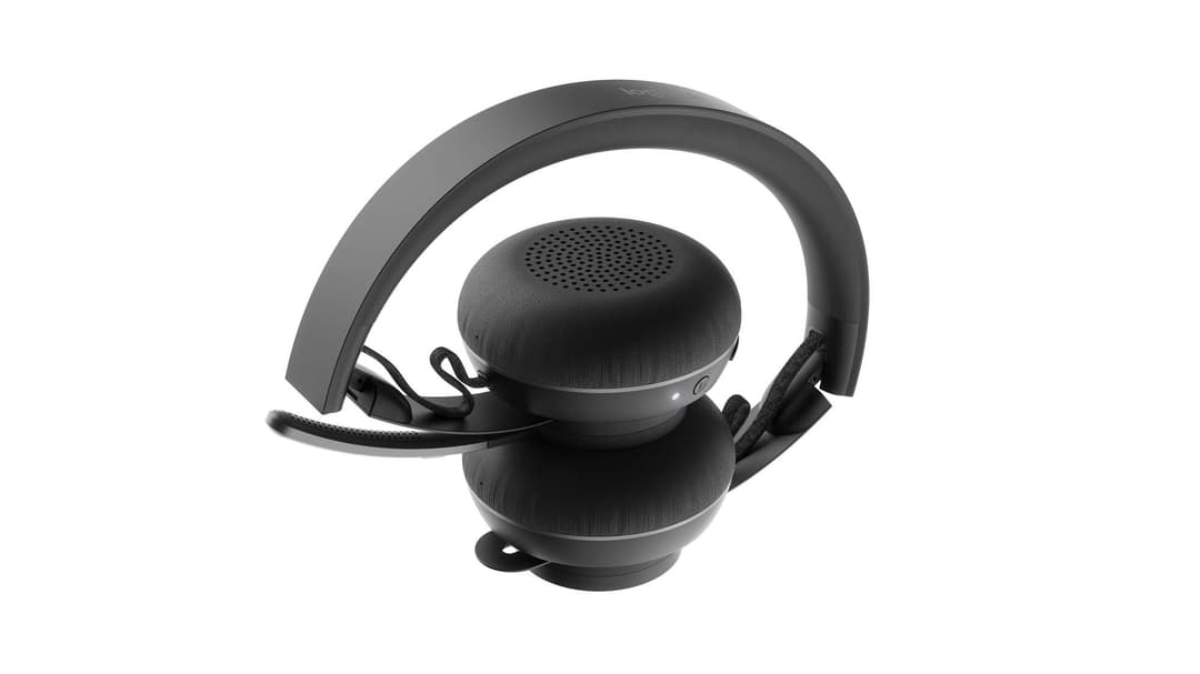 Casque Logitech Zone Wireless noir avec arceau gris, écouteurs pliables et microphone intégré