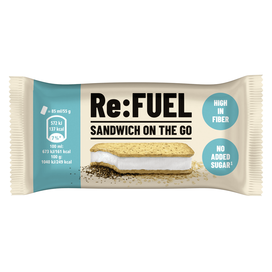 Barre glacée Re:FUEL Sandwich on the Go, riche en fibres et sans sucre ajouté, avec crème blanche entre deux biscuits
