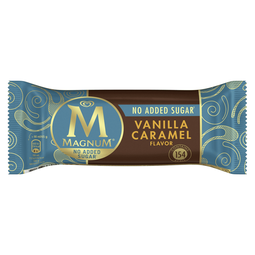 Magnum Vanilla Caramel, bâtonnet de glace sans sucre ajouté, 154 kilocalories, emballage bleu et marron