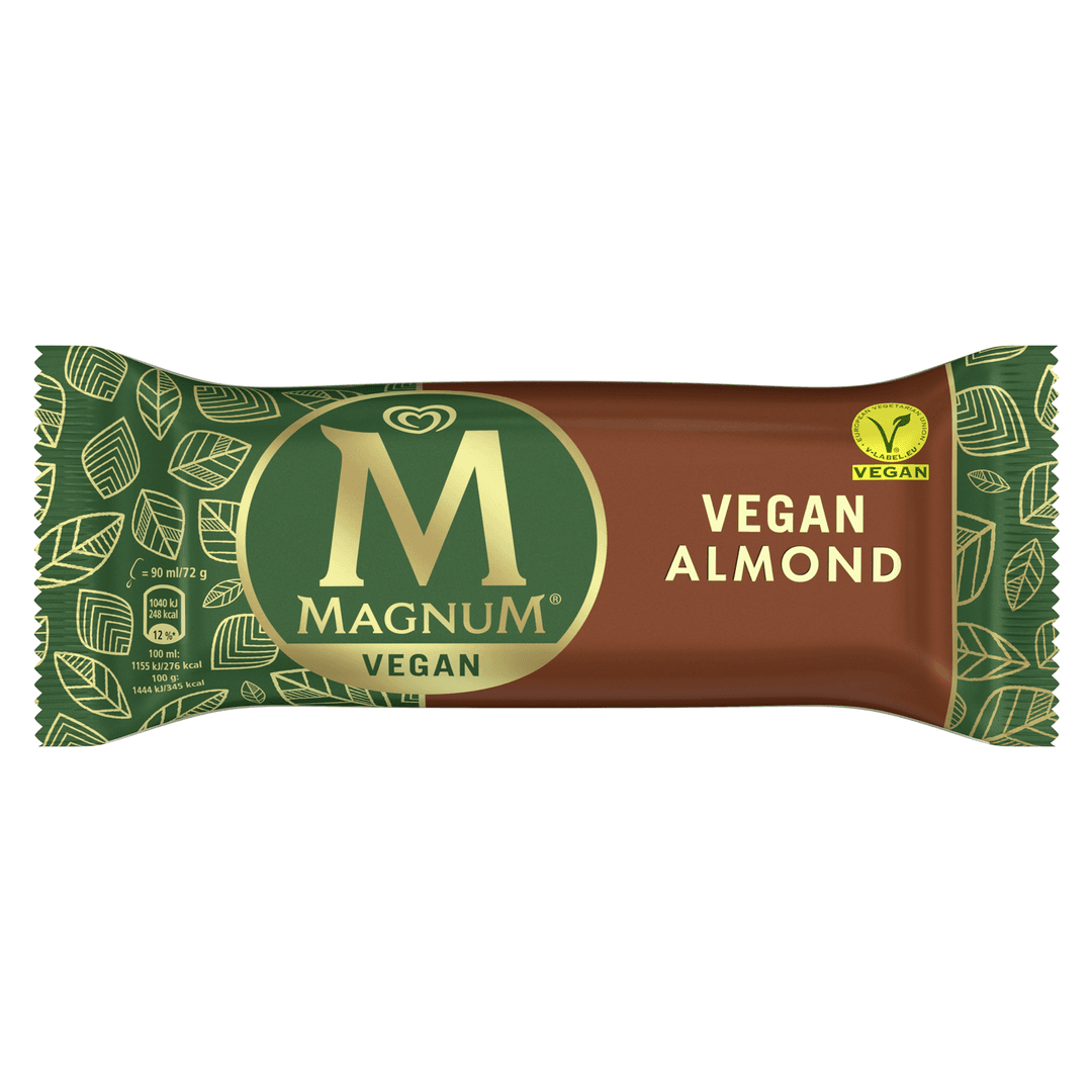 Magnum Vegan Almond, glace végane à l'amande enrobée de chocolat, emballage vert et marron