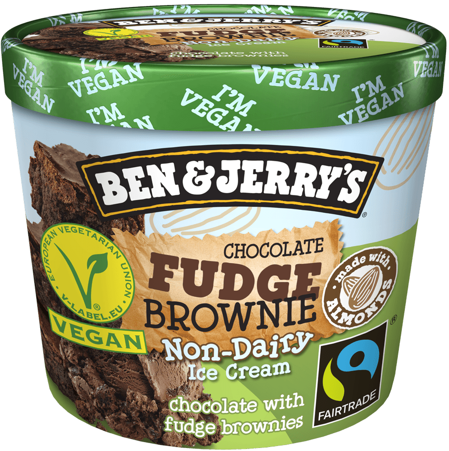 Pot de glace Ben & Jerry's Chocolate Fudge Brownie vegan et non laitière, avec bandeau vert indiquant "I'm Vegan"