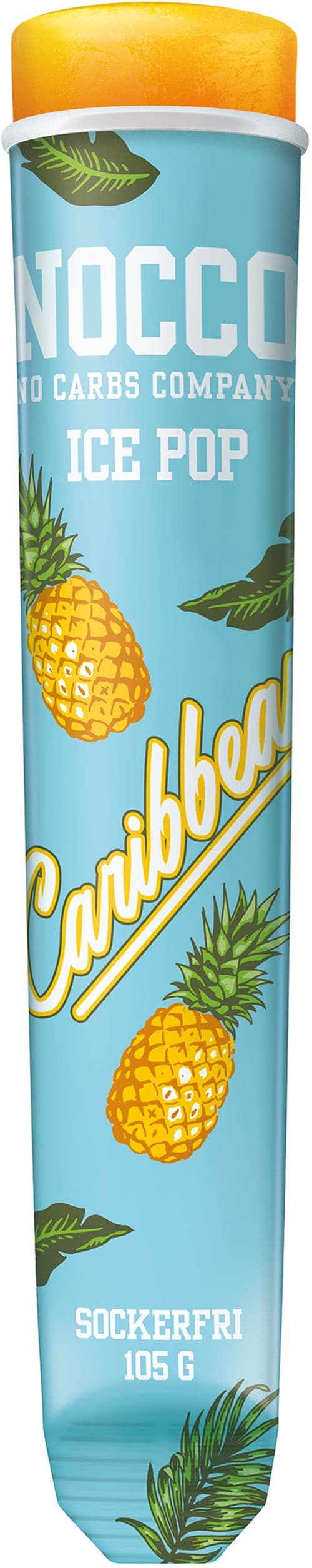 Nocco Ice Pop ananas, bâtonnet glacé jaune sans sucre dans un tube bleu ciel