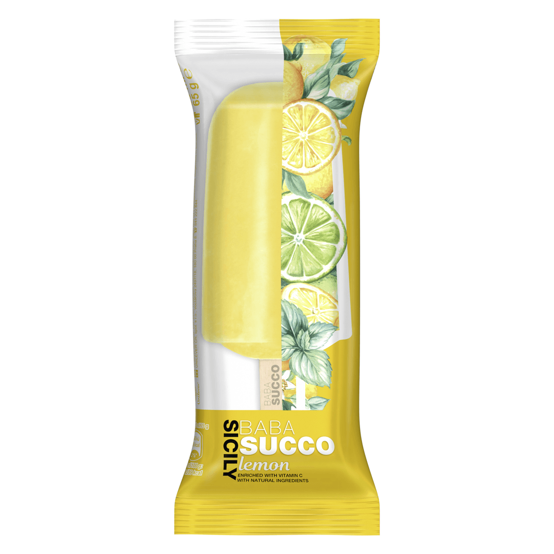 Succo Baba Lemon, glace jaune pâle au citron dans un emballage jaune illustré de fruits et feuilles de menthe