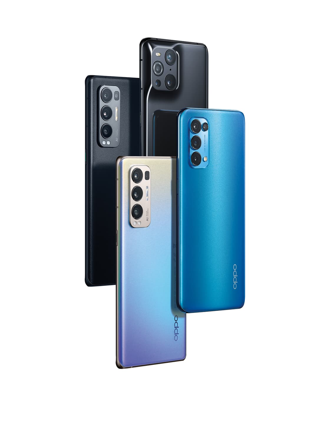 Quatre smartphones OPPO Find X3 disposés en quinconce, affichant différentes couleurs : noir, blanc, bleu et dégradé bleu-violet