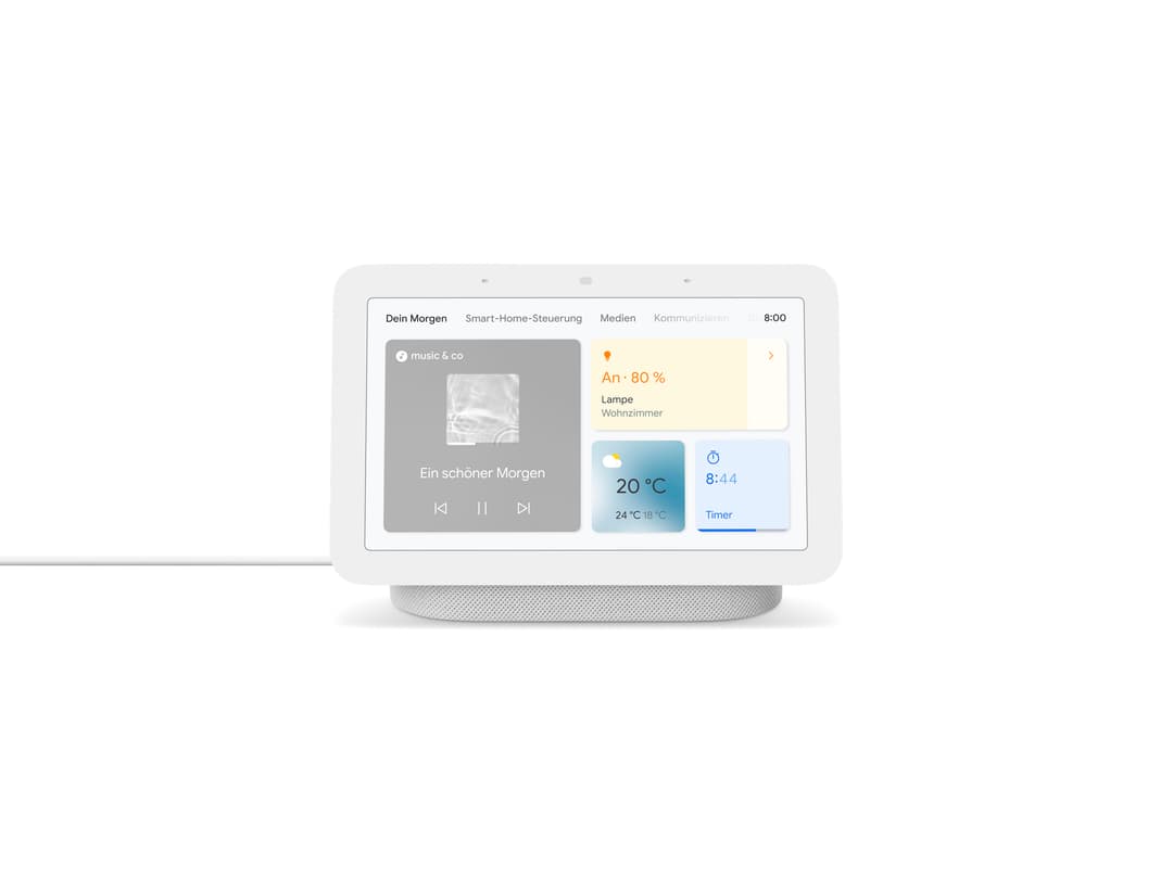 Google Nest Hub 2e génération blanc affichant l'interface domotique avec contrôles musicaux, météo et température