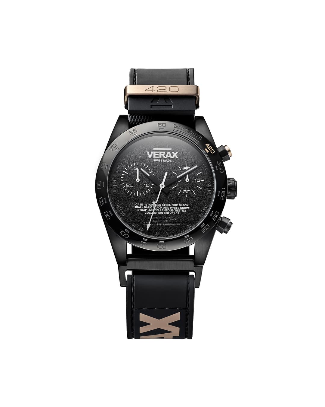 Montre Verax 420 V01.01 avec boîtier noir 43mm, cadran chronographe et bracelet noir avec détails dorés