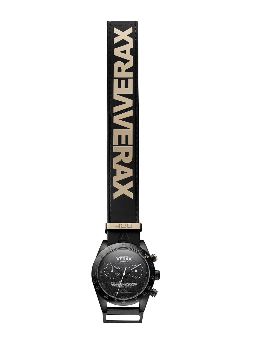 Montre Verax 420 V01.01 noire avec boîtier de 43mm et bracelet beige ornée du logo VERAX en lettres majuscules, mouvement chronographe suisse