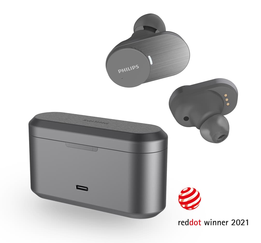 Écouteurs Philips Fidelio T1 True Wireless gris avec boîtier de charge et logo Red Dot Winner 2021