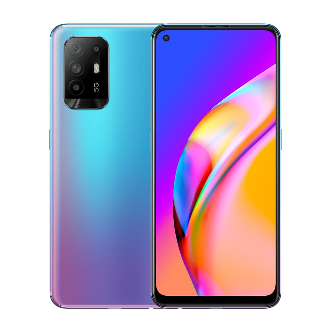 OPPO A94 5G avec dos dégradé bleu et rose, écran borderless affichant des courbes colorées
