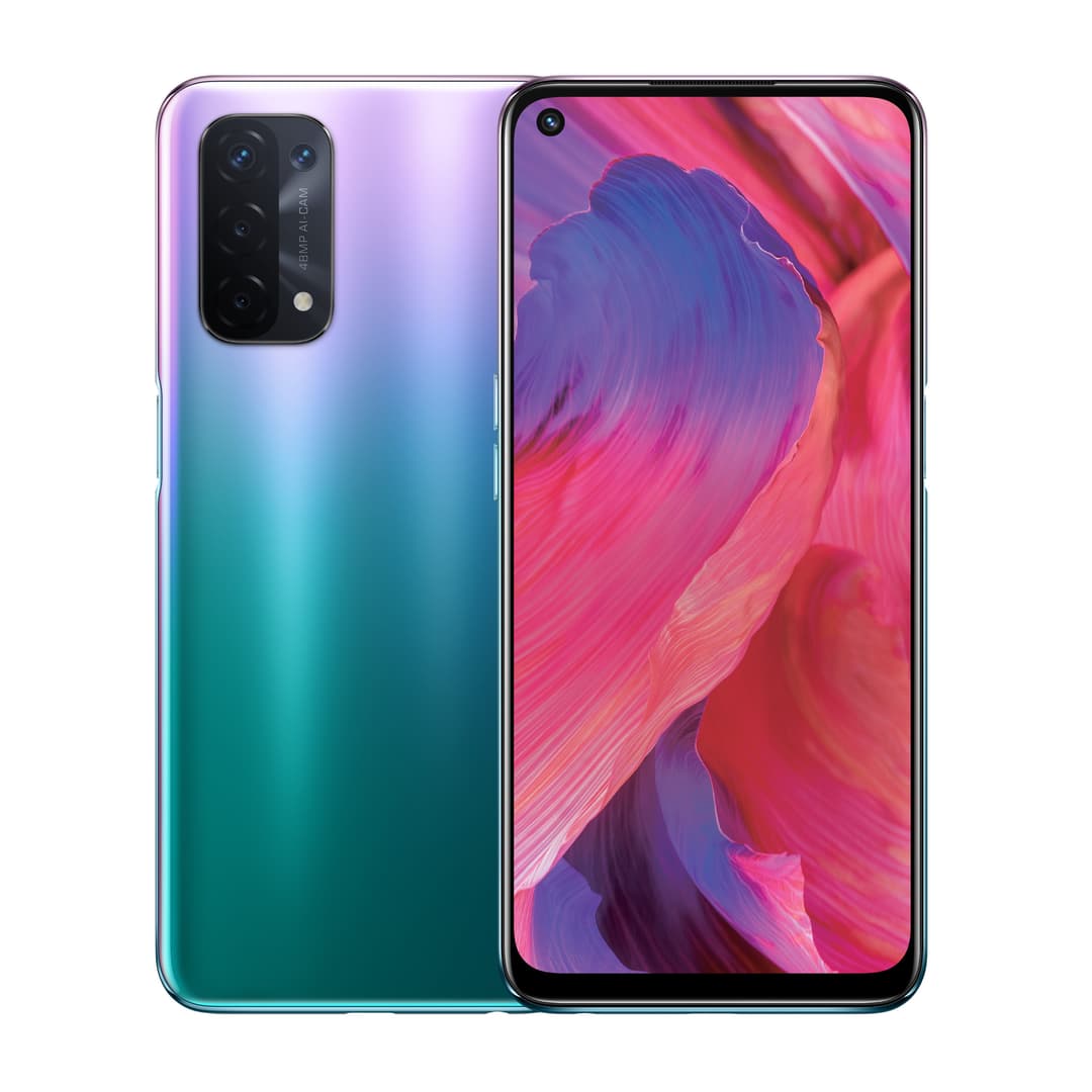 OPPO A94 5G en coloris Cosmo Blue, vue de face et de dos, avec écran affichant des dégradés rose et violet