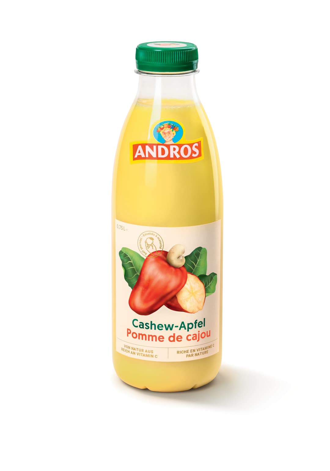 Bouteille Andros de jus jaune pâle avec bouchon vert, étiquette montrant la pomme de cajou rouge et feuilles vertes, 0,75L