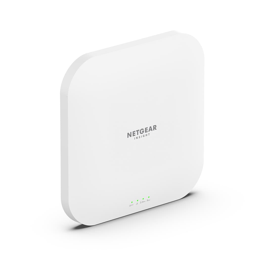 Point d'accès WiFi 6 NETGEAR WAX620, boîtier blanc carré aux angles arrondis avec voyants lumineux verts