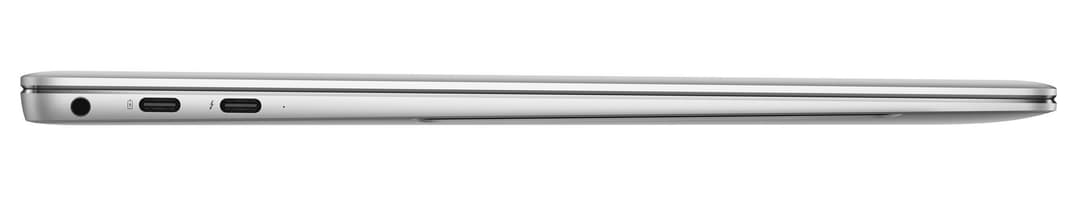 Huawei MateBook X Pro vu de profil, coque métallique ultra-fine gris argent avec ports USB-C