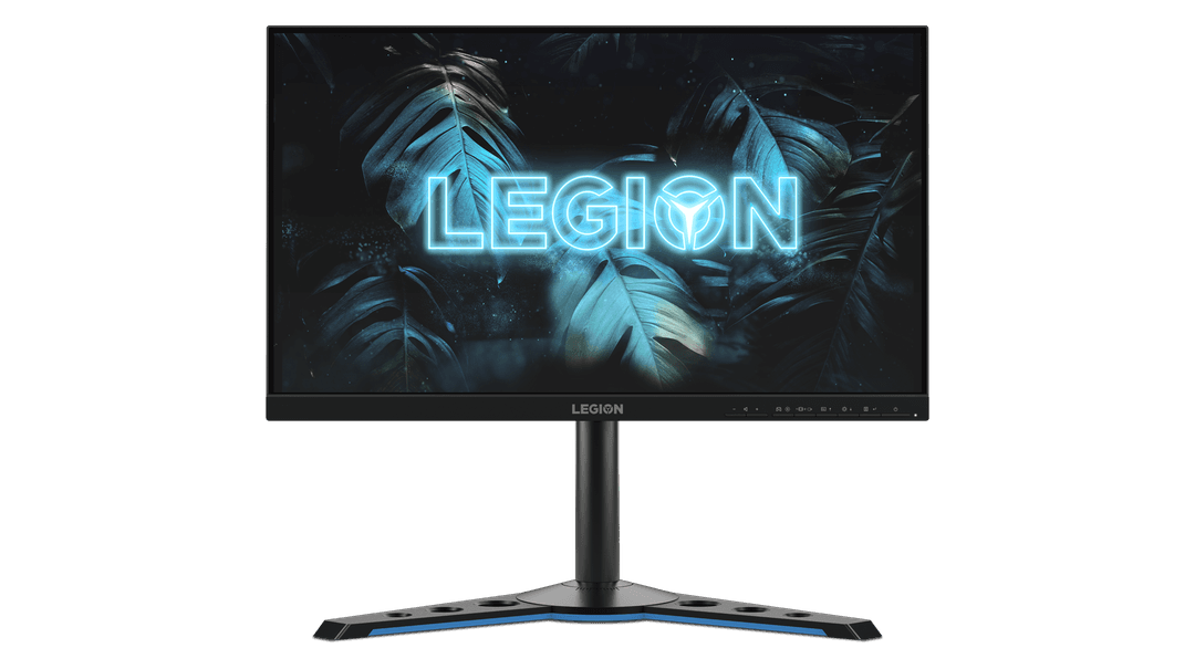 Moniteur Lenovo Legion Y25g-30 affichant le logo Legion en néon bleu sur fond noir, avec socle ajustable et éléments d'éclairage RGB
