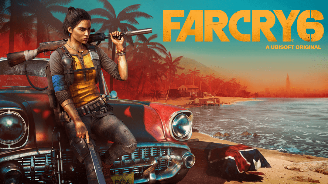 Dani, personnage principal de Far Cry 6, armée d'un fusil improvisé, posée sur une voiture vintage rouge sur une plage tropicale au coucher de soleil