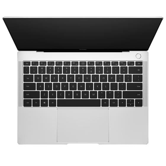Huawei MateBook X Pro ouvert en vue de dessus, coloris Mystic Silver avec clavier noir et écran allumé