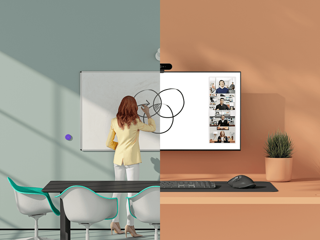 Logitech Scribe capturant un tableau blanc écrit par une femme en veste jaune, avec participants à distance visibles à l'écran