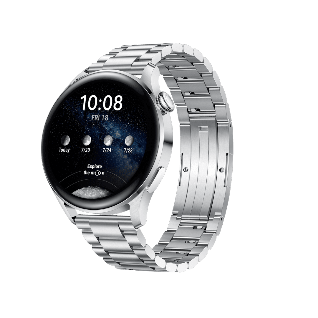 Montre connectée Huawei au boîtier et bracelet argent, écran affichant l'heure 10:08 et des phases lunaires