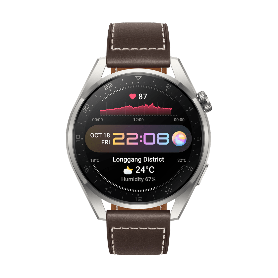 Huawei Watch 3 Pro avec bracelet cuir marron, affichant fréquence cardiaque, heure et données météorologiques sur écran noir