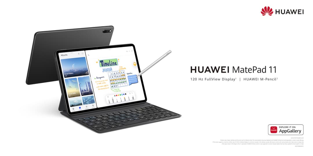 Tablette Huawei MatePad 11 noire avec clavier intégré et stylet, affichant des applications de productivité et de créativité