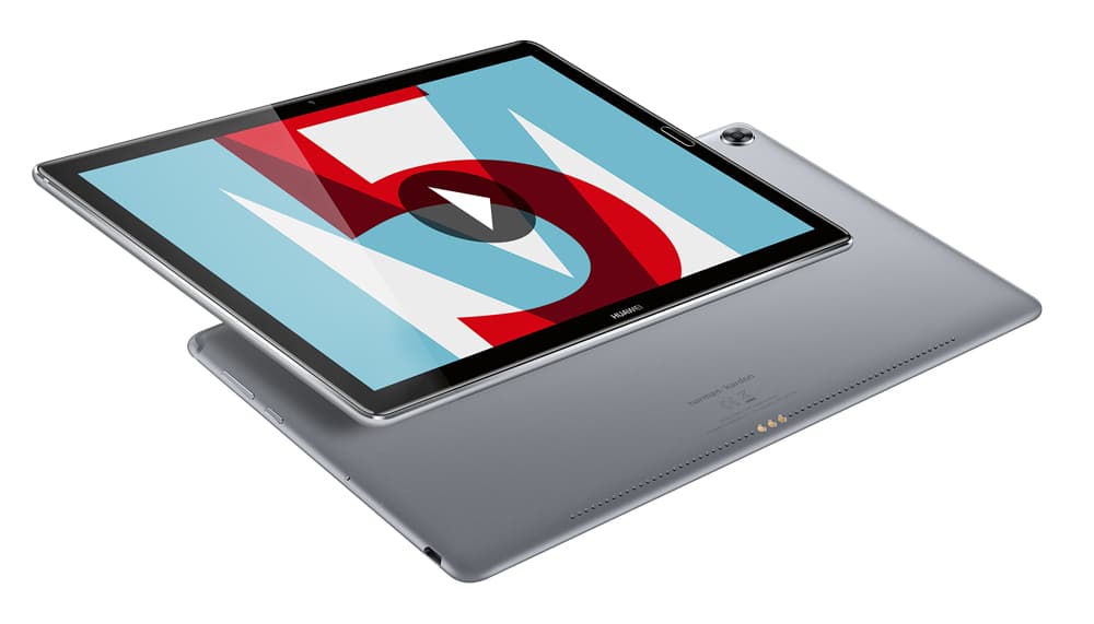 Huawei MediaPad M5 grise affichant un motif géométrique rouge et bleu sur son écran