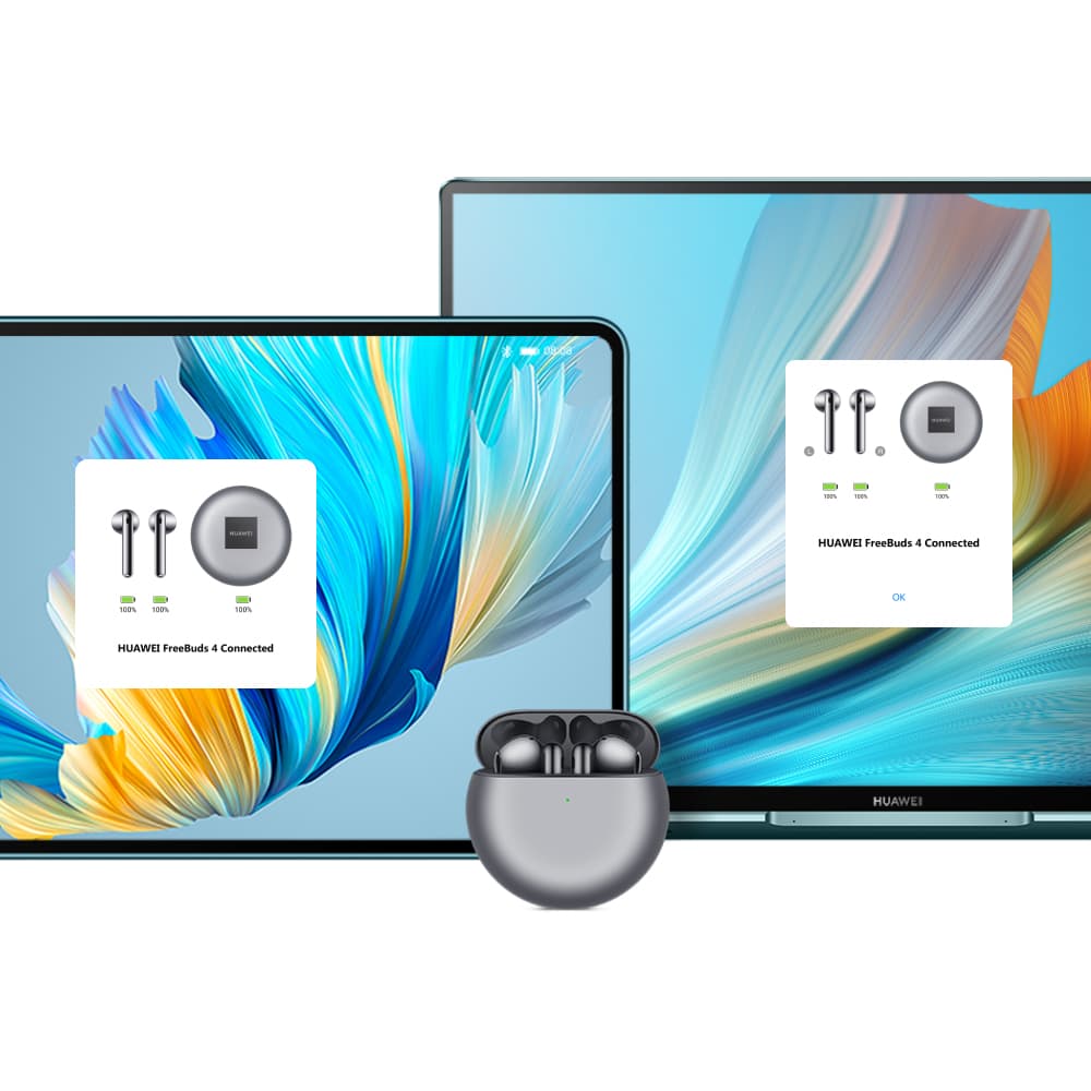 Écouteurs Huawei FreeBuds 4 et boîtiers de connexion affichés sur un téléphone et un téléviseur, montrant l'intégration multi-appareils HarmonyOS