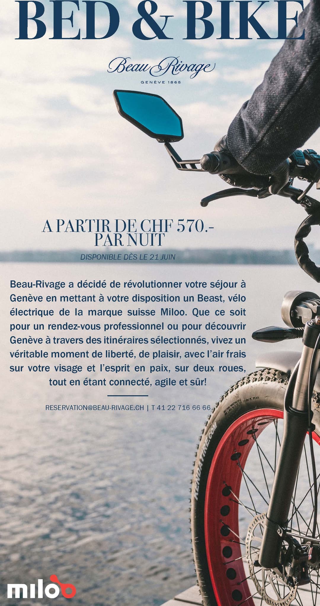 Affiche Bed & Bike de Beau-Rivage Genève avec vélo électrique Miloo rouge au bord du lac, miroir rétroviseur bleu, paysage aquatique en arrière-plan