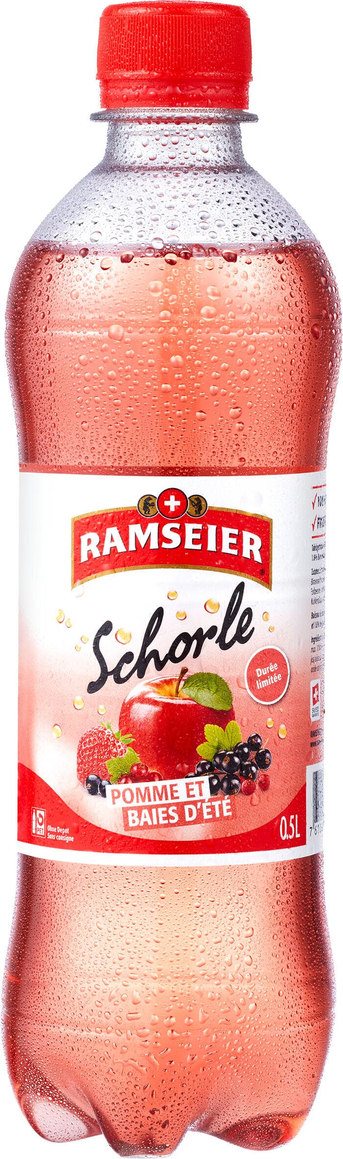 Bouteille de Schorle RAMSEIER pomme et baies d'été, boisson rosée couverte de gouttelettes, bouchon rouge, étiquette blanche et rouge
