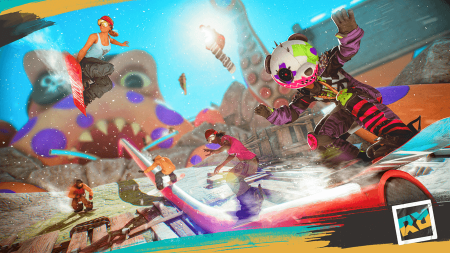 Riders Republic, jeu multijoueur en monde ouvert montrant des personnages colorés pratiquant des sports extrêmes sur fond de paysage montagneux