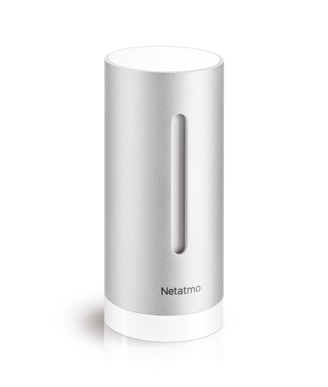 Station météo Netatmo de couleur grise et blanche, cylindrique avec fente de capteur central